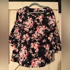 Floral Ruffle Sleeve Women's Top Size Large